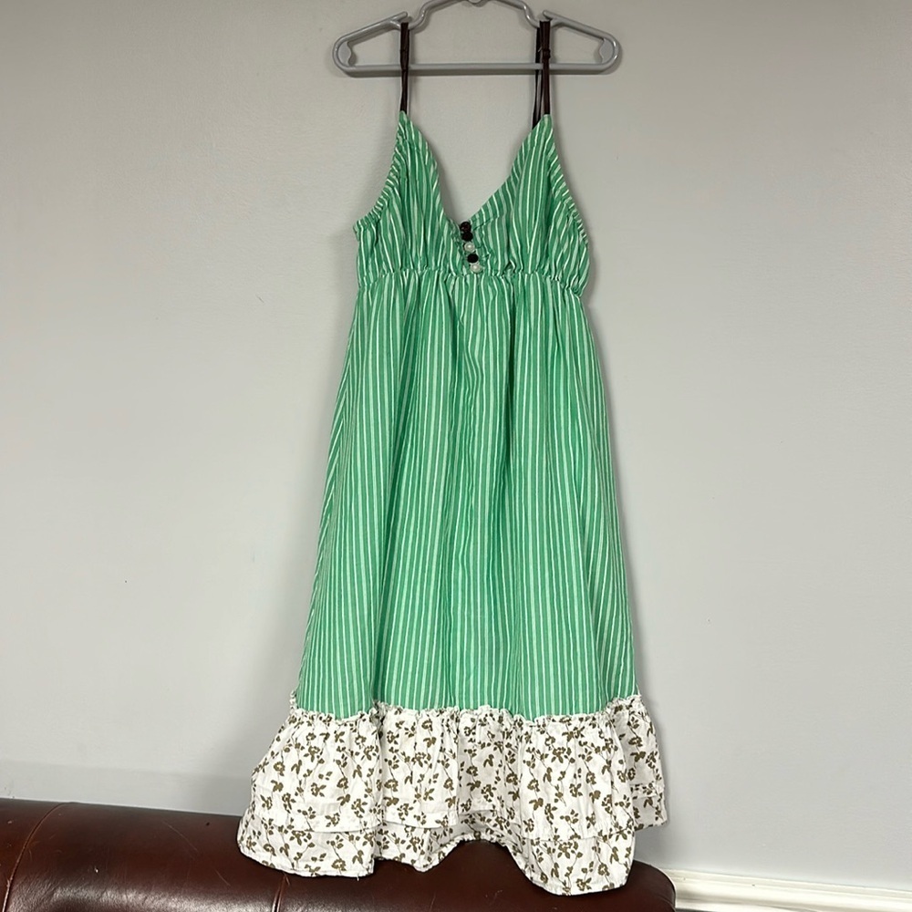Super Cute Element Sun Dress, Stripes & Flowers, Green, brown, white Lined, Med